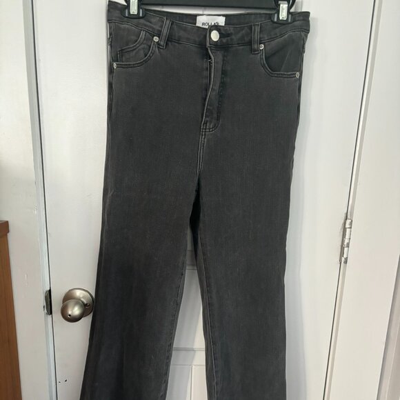 ROLLA'S Jeans Eastcoast Crop Flare Hi-Rise Black Denim Raw Hem - Picture 1 of 7